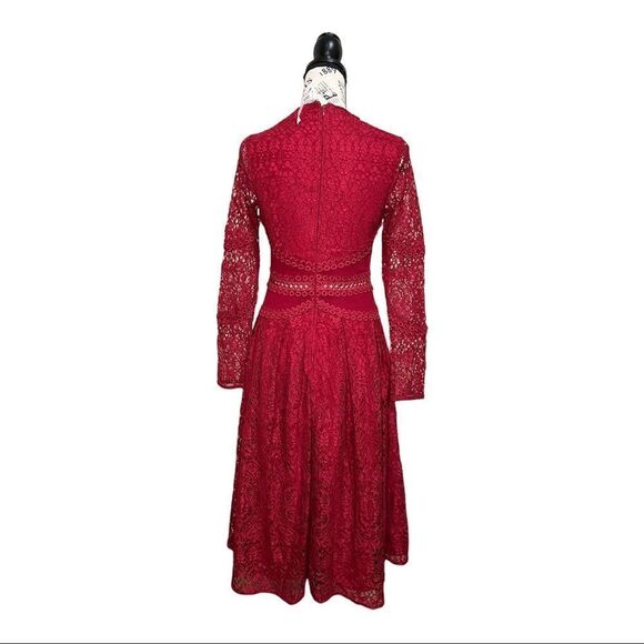 ASOS DESIGN long sleeve midi dress in lace with circle trim details in berry - Picture 3 of 10